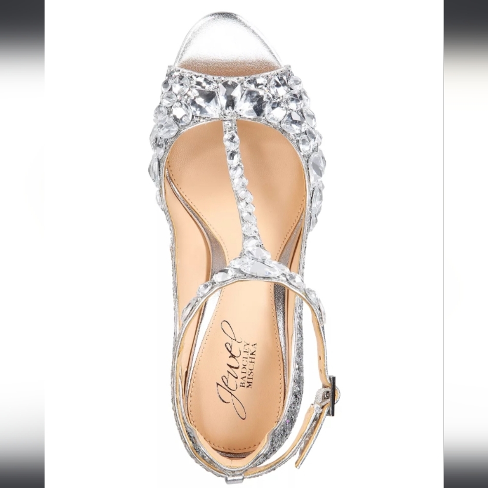 Jewel Badgley Mischka Conroy T-strap Evening Sandals Silver 7 - Picture 2 of 7